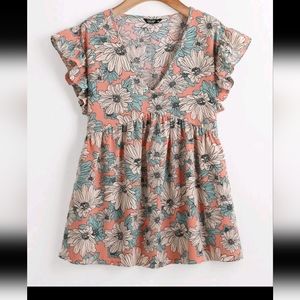 SHEIN Floral Print Blouse - Peach and Teal